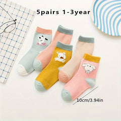 5 Pairs Girl's Cartoon Animals Knitted Socks Cotton Blend Crew Socks