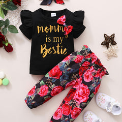 Girls' Ruffle Top & Floral Trousers Set with Headband
