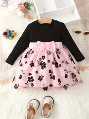 Baby Girl Flower Dress Long Sleeve Ribbed Mesh Casual Dresses