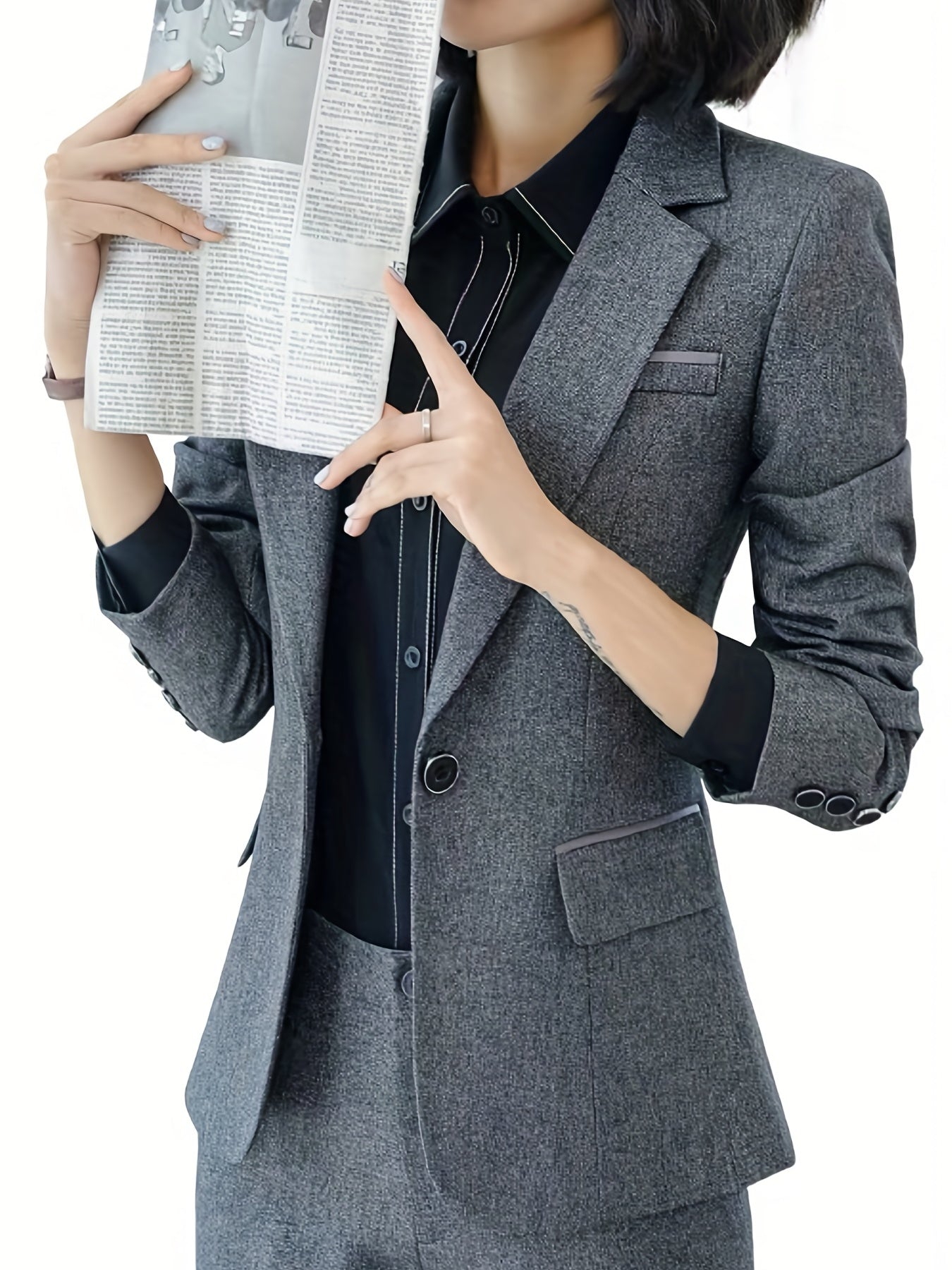 Solid Button Front Blazer Lapel Long Sleeve Blazer For Office & Work
