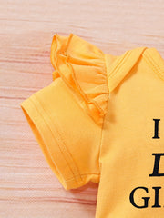 3pcs Little Miss Print Romper Sunflower Pants Set for Baby Girls