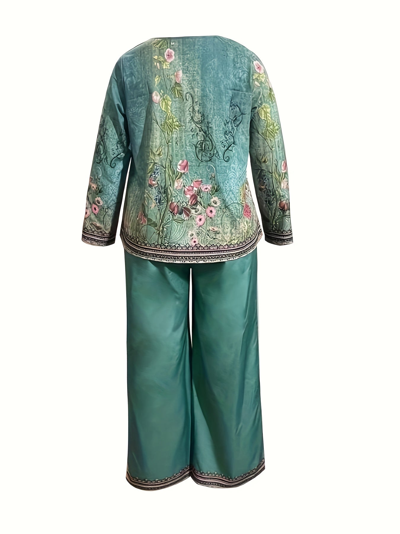 Retro Outfit Set Women's Plus Border Floral Print Round Neck
