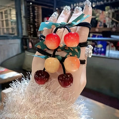 Cherry Fruit Ribbon Hair Ties Set with Bowknot - 15pcs