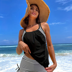Striped Print Tankini Sets Criss Cross Straps Colorblock Boxer Short