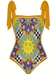 Graphic Print Tie Shoulder Swimsuit Set