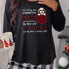 Puppy & Plaid Pocket Print Long Sleeve Loungewear Top