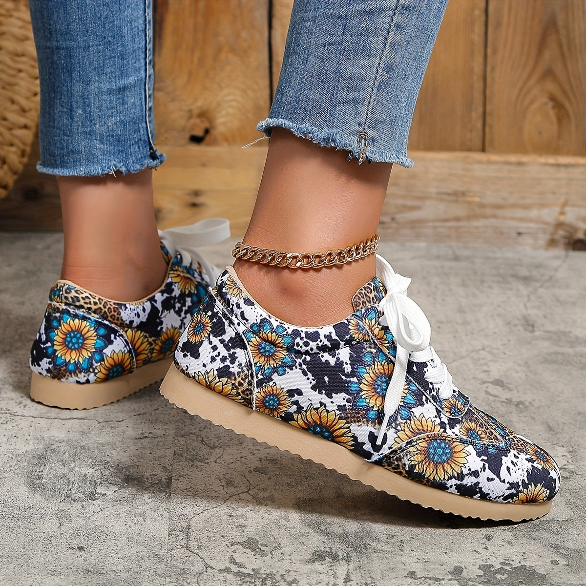 Cow & Sunflower Print Sneakers Casual Lace Up Shoes