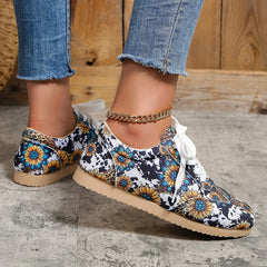 Cow & Sunflower Print Sneakers Casual Lace Up Shoes