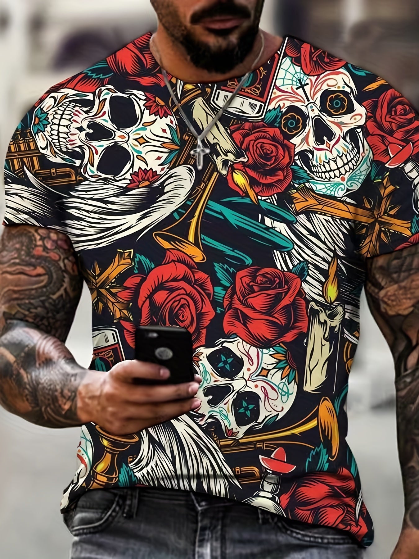 3D Rose and Flower Pattern Men's Novelty T-Shirt for Summer