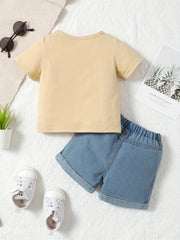 2pcs Baby Boys Bear Graphic T shirt & Denim Shorts Set Summer Clothes