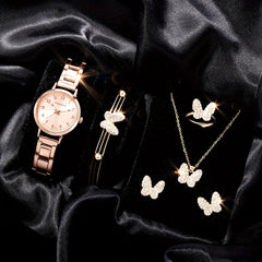 Rhinestone Quartz Watch & 5pc Jewelry Set