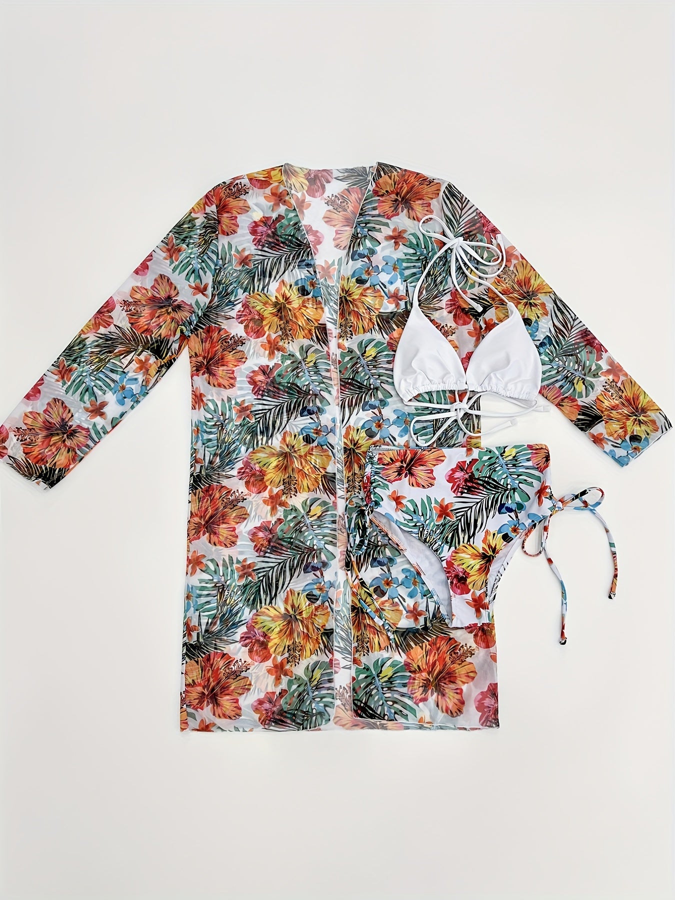 Floral Print Bikini Set Halter High Waist Swimsuit Kimono Cover Up