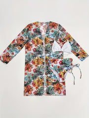Floral Print Bikini Set Halter High Waist Swimsuit Kimono Cover Up