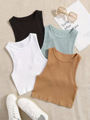 4ocs Women's Ribbed Racerback Cropped Sports Tank Top Round Neck