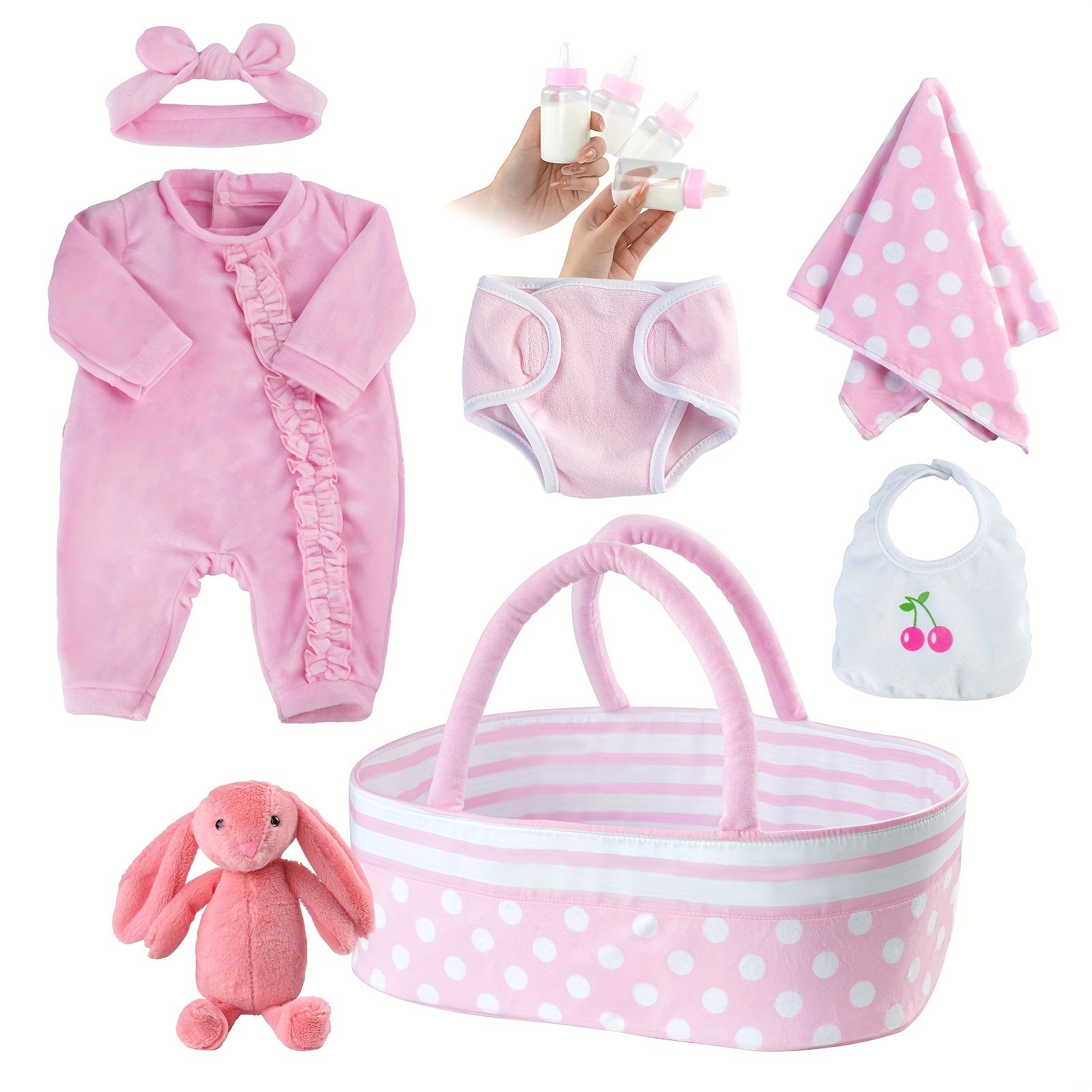 8pcs Reborn Baby Doll Accessories With Basket for 43-55 Baby Doll Clothes Outfit