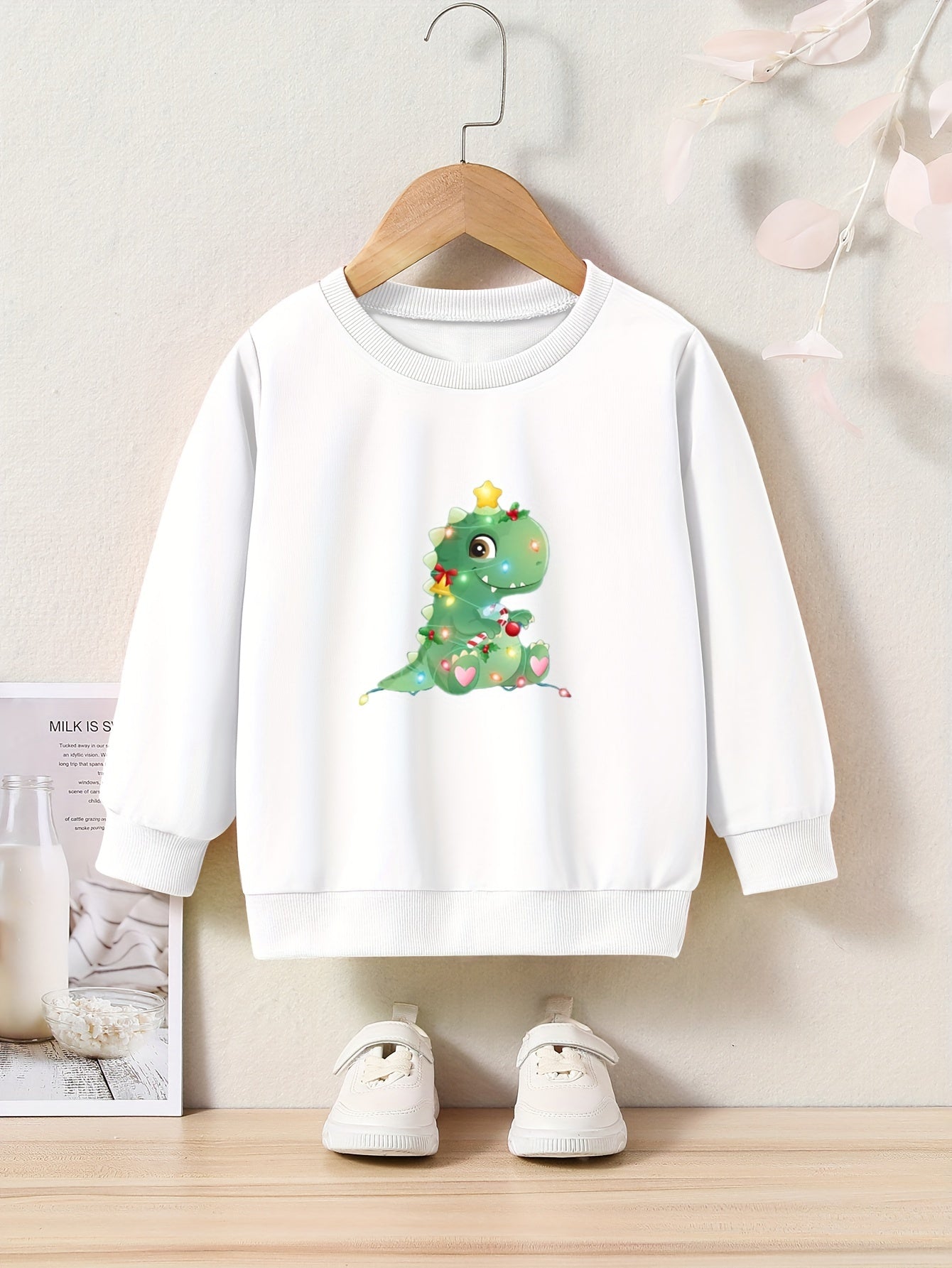 Christmas Cartoon Dinosaur Print Girls Casual Pullover Sweatshirt