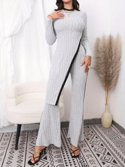 Casual Two Piece Set: Mock Neck Top & Flare Leg Pants