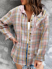 Plaid Print Hooded Jacket Button Front Outerwear Spring & Fall