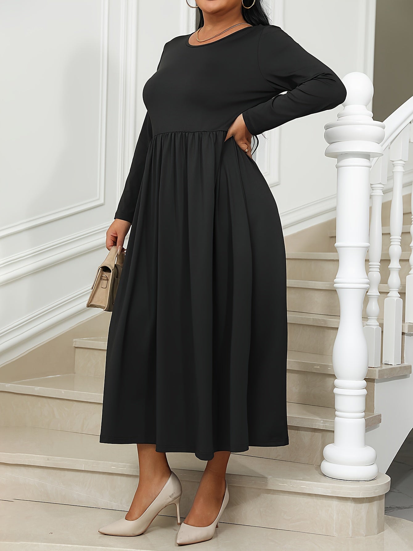 Maxi Dress Long Sleeve Round Neck Solid