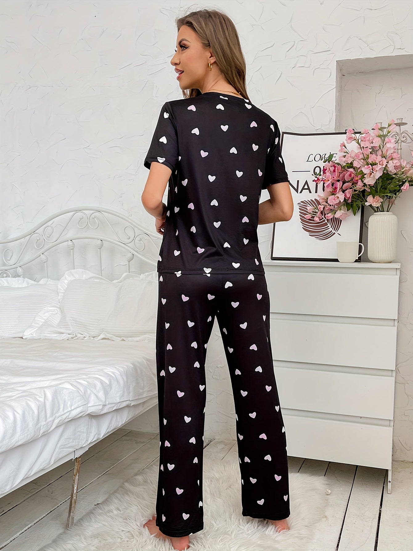 Heart Print Pajama Set Short Sleeve Top & Pants Women's Sleepwear