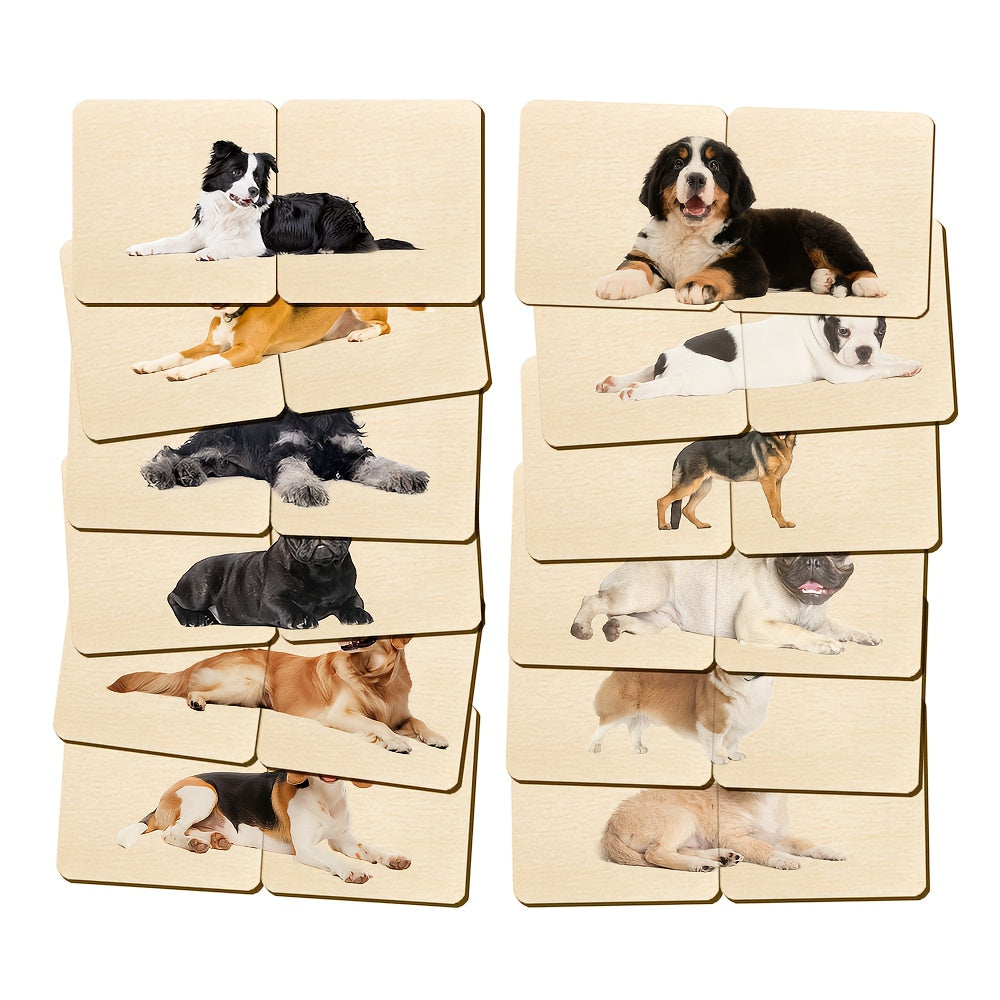 24pcs Wooden Dog Puzzle Animal Matching Cards Educational Game