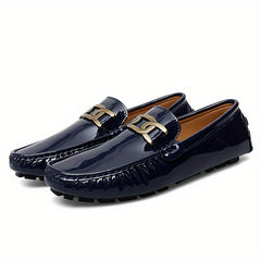 Women's Metal Buckle Flat Loafers Patent Leather Slip On Casual Walking Shoes