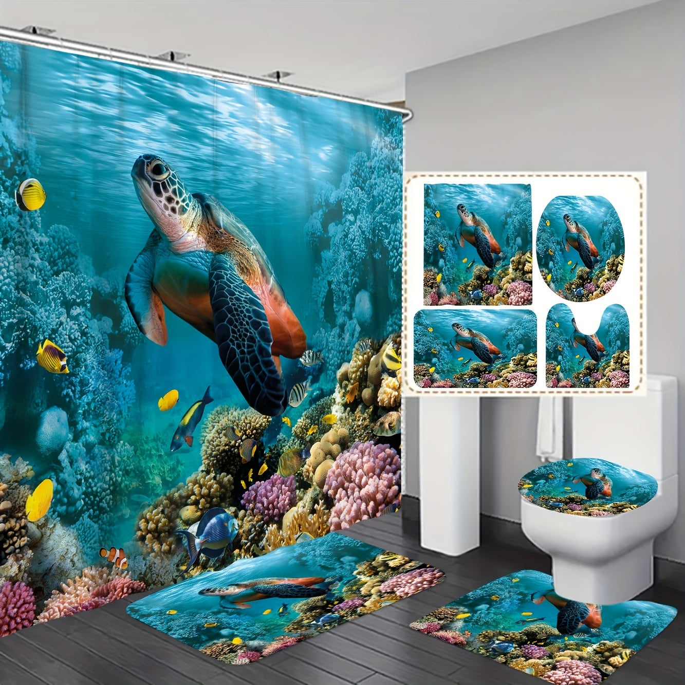 4pcs Waterproof Turtle Shower Curtain Set with 12 Hooks