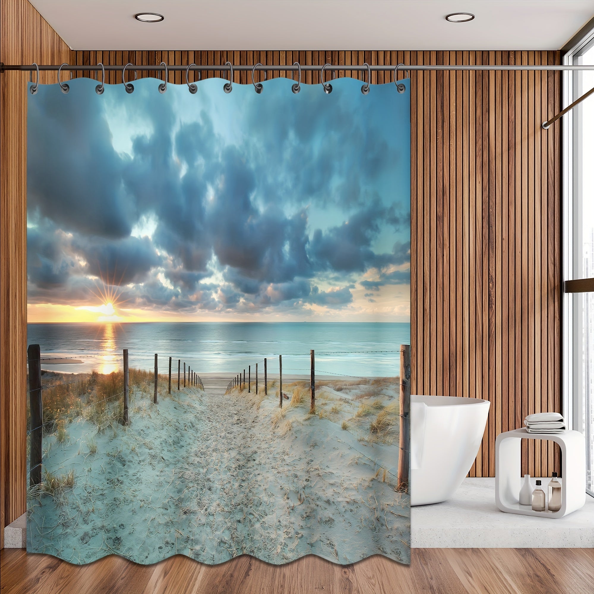 Extra Long Ocean Beach Shower Curtain with 12pcs Hooks