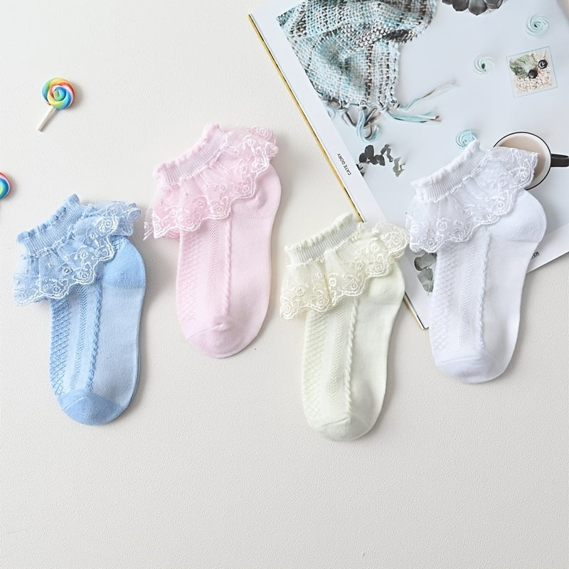 4 Pairs Princess Socks for Girls Breathable Design Ruffle & Lace Trim Comfort