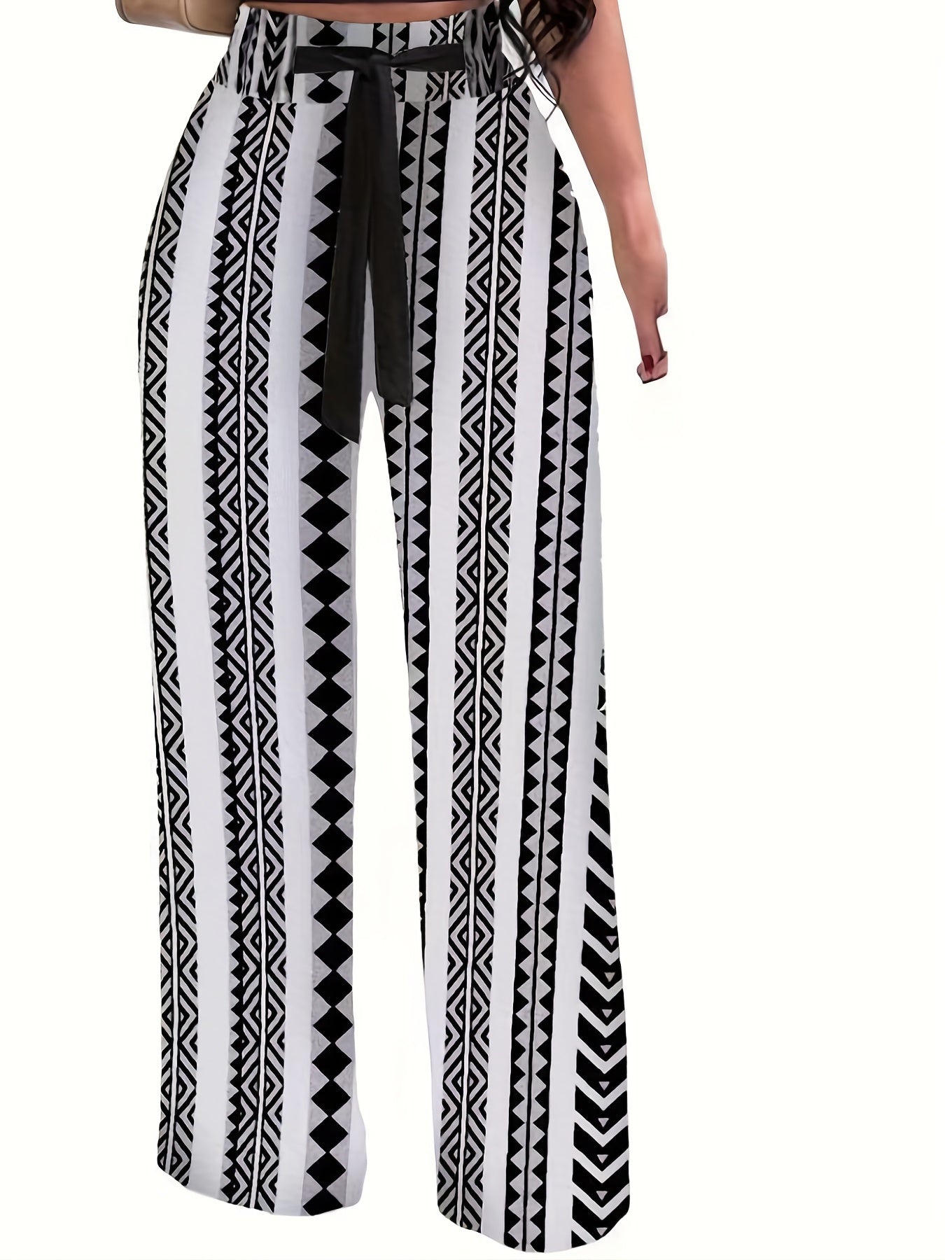Plant Print Tie Waist Pants Wide Leg Long Length