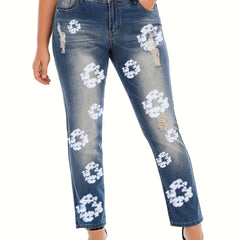 Floral Print Ripped Straight Leg Jeans
