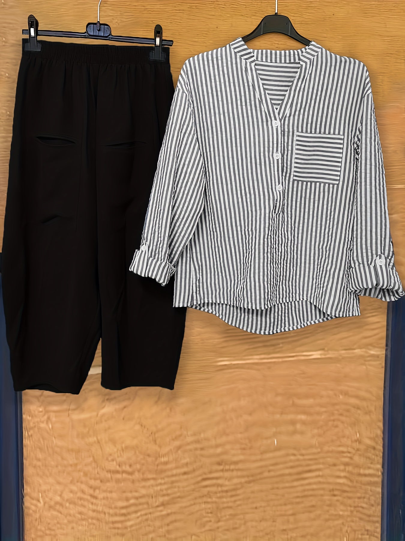 Striped Print Button Blouse & Wide Leg Pants Set