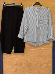 Striped Print Button Blouse & Wide Leg Pants Set