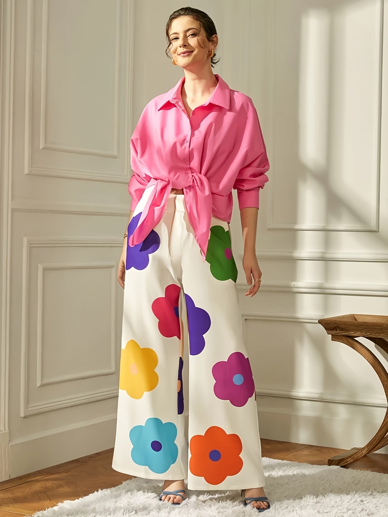 Solid Button Long Sleeve Shirt & Floral Wide Leg Pant