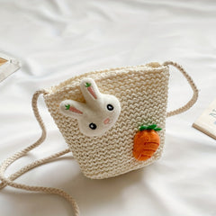 Kids Cartoon Straw Crossbody Bag with Zipper Coin Purse