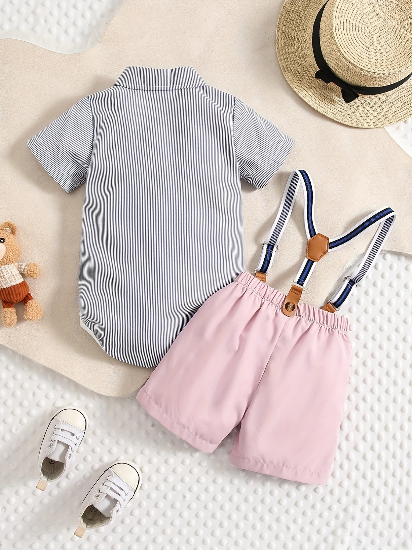 2pcs Baby Boys Gentleman Set Bowtie Shirt Onesie & Suspender Shorts