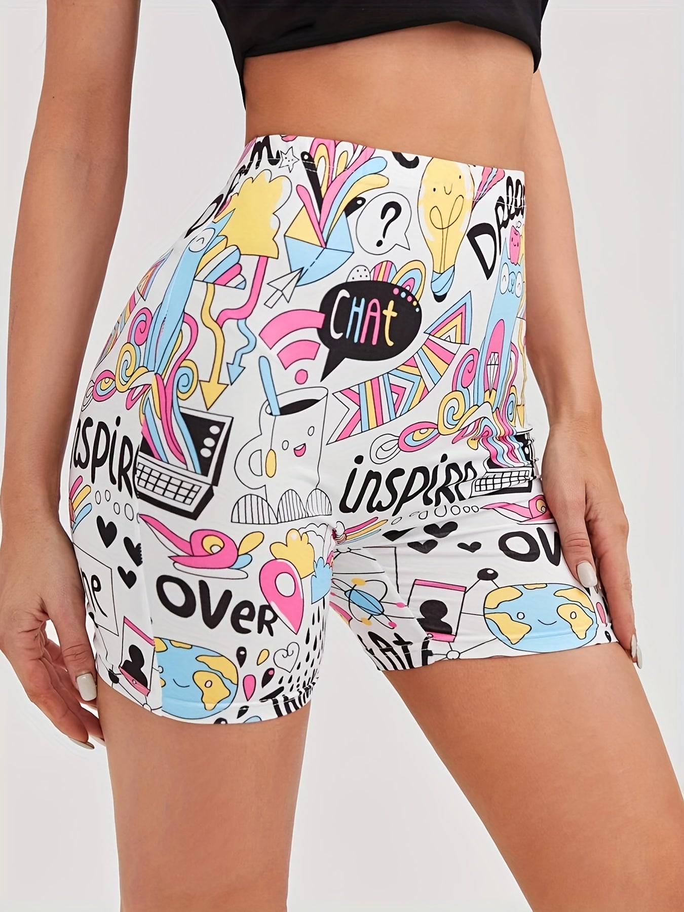 Cartoon Print Skinny Bike Shorts High Waist Summer Sports Casual Shorts