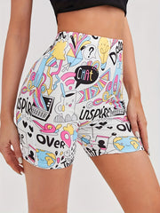 Cartoon Print Skinny Bike Shorts High Waist Summer Sports Casual Shorts