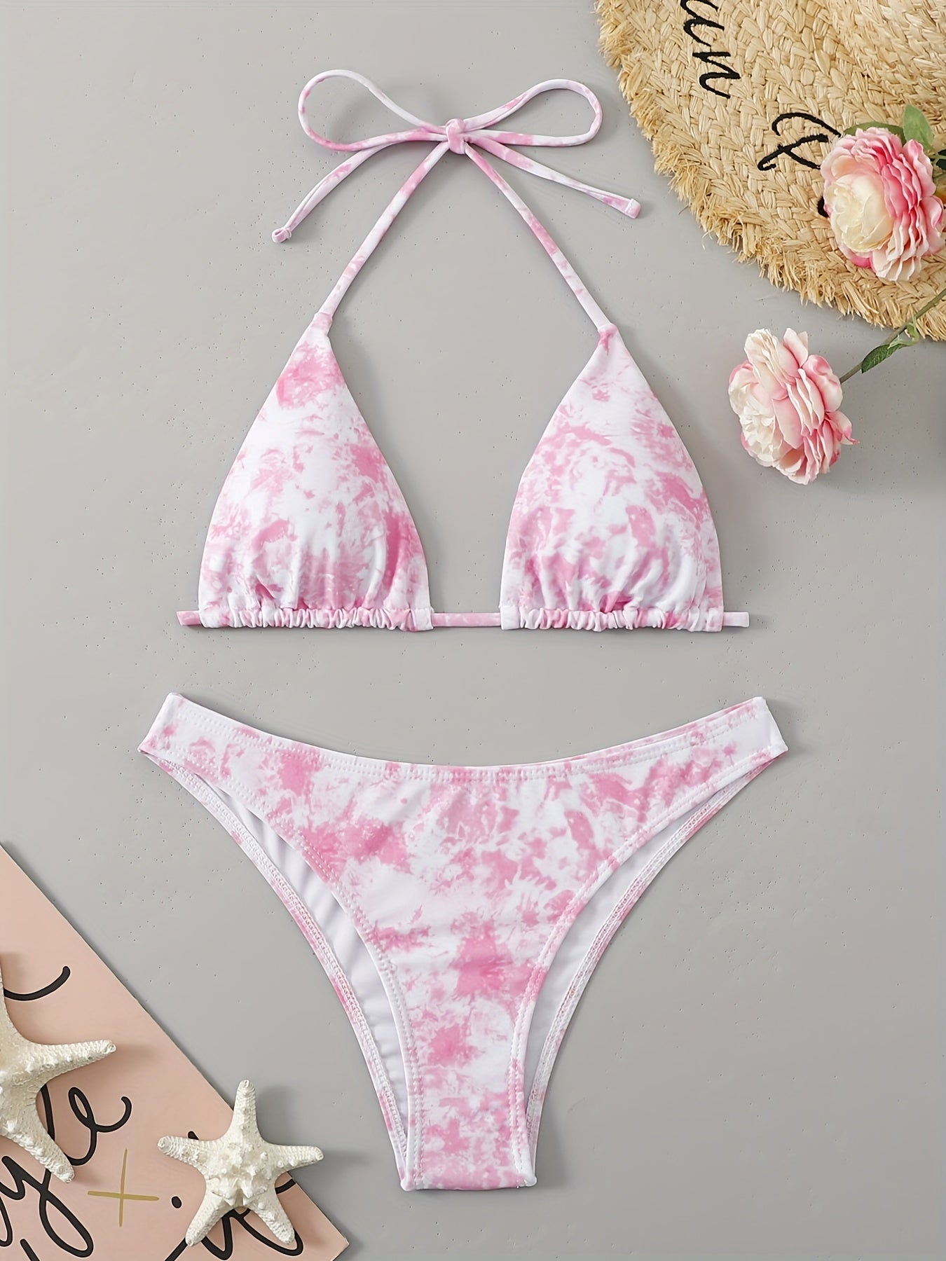 Tie Dye Triangle Bikini Set Halter V Neck Backless High Cut Two Piece Swimsuit