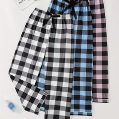 Plaid Lounge Pants Elastic Waist Bow Pants Womens Loungewear