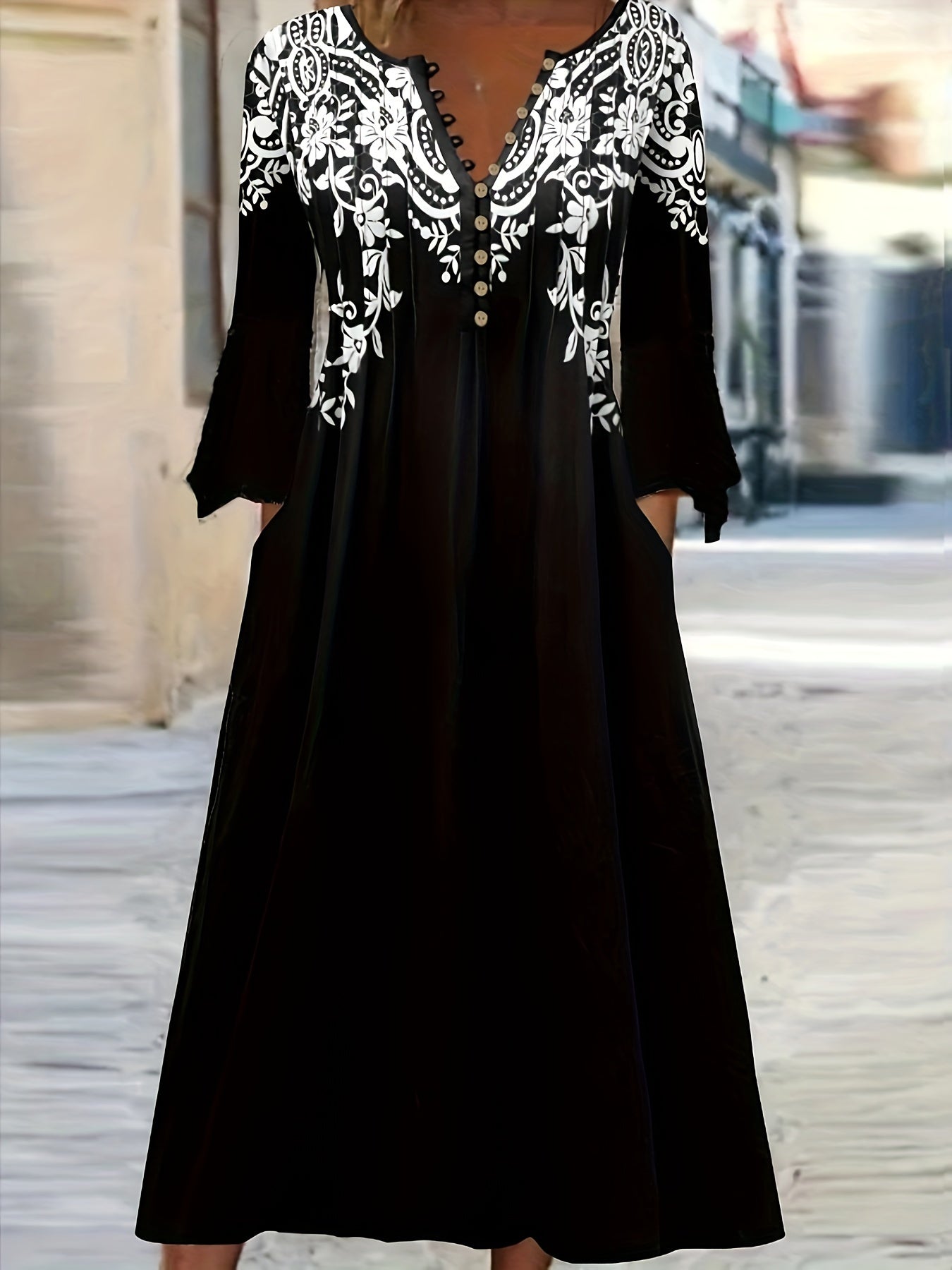 Floral Print Button Up Bell Sleeve V Neck Midi Dress