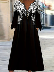 Floral Print Button Up Bell Sleeve V Neck Midi Dress