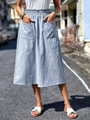 Casual Elastic Waist Midi Skirt with Pockets