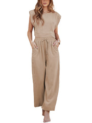 Solid Casual Two-Piece Set Crew Neck Vest & High Waist Pants Set