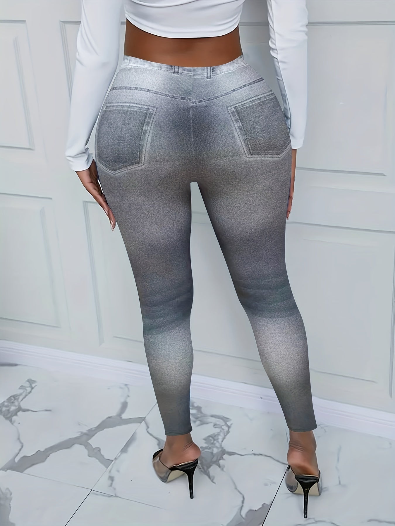 Ripped Denim Print Leggings Skinny Long Casual Pants