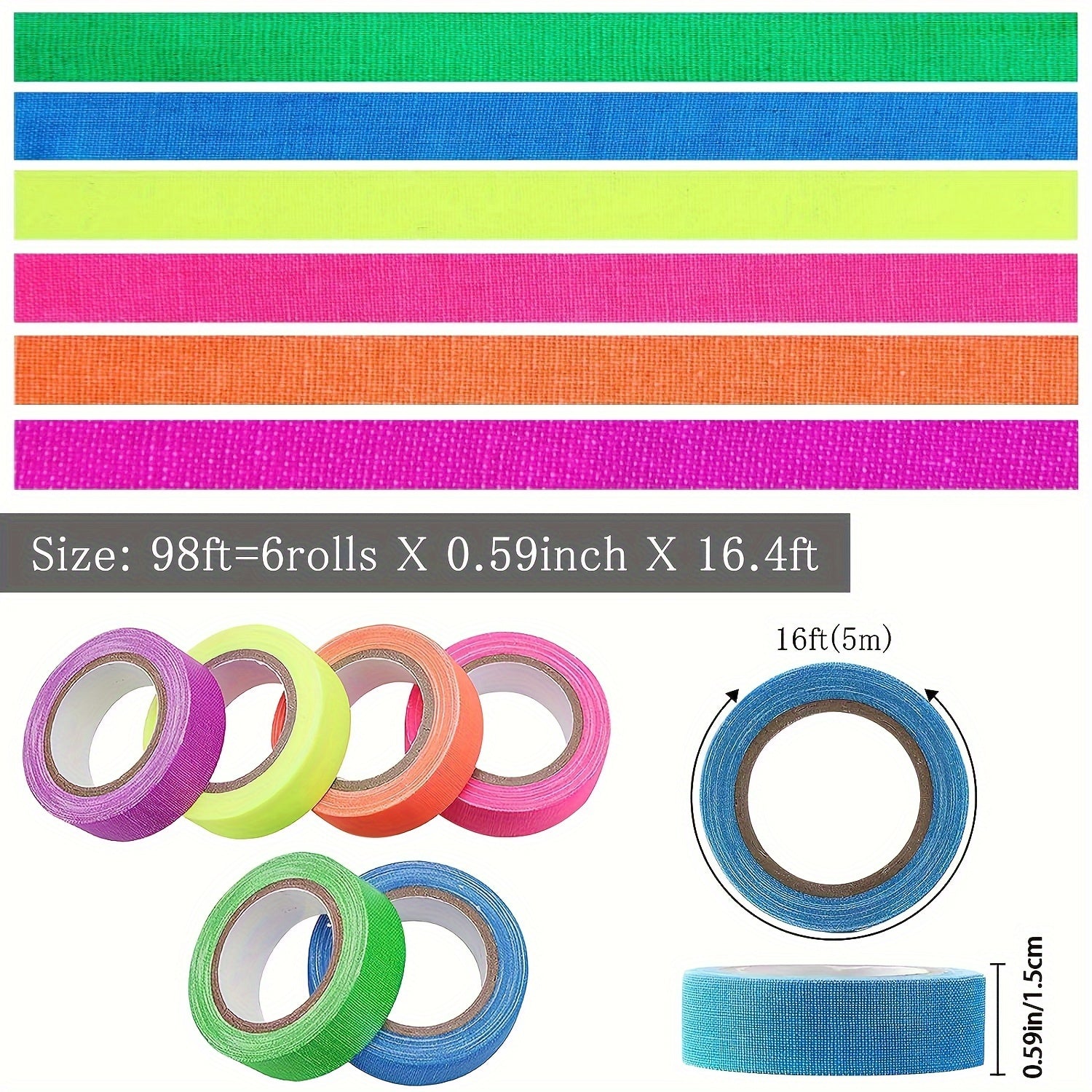 6pcs Fluorescent Cloth Tape Adhesive Neon Glow In The Dark Tape Matte 6 Colors