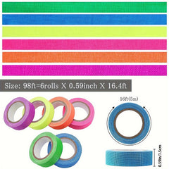 6pcs Fluorescent Cloth Tape Adhesive Neon Glow In The Dark Tape Matte 6 Colors