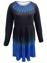 Ombre Argyle & Stripe Print Long Sleeve Maxi Dress