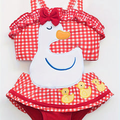Girls Duck & Bow Plaid Swimwear Bathing Suit For Beachwear