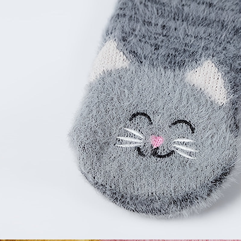 Cartoon Cat Print Non-slip Socks Plush & Comfy Women's Stockings